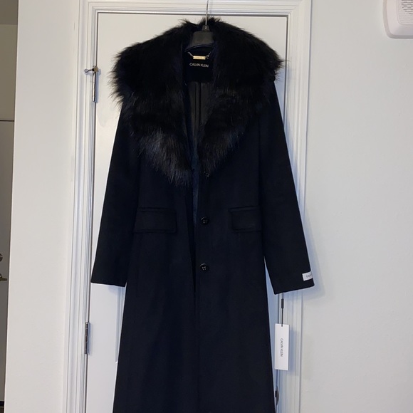 CALVIN KLEIN Faux Fur Shawl Collar Belted Maxi Coat - Picture 9 of 9